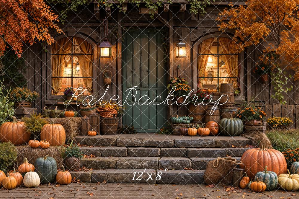 Kate Autumn Pumpkins Rustic House Leaves Fleece Backdrop Designed by Emetselch -UK