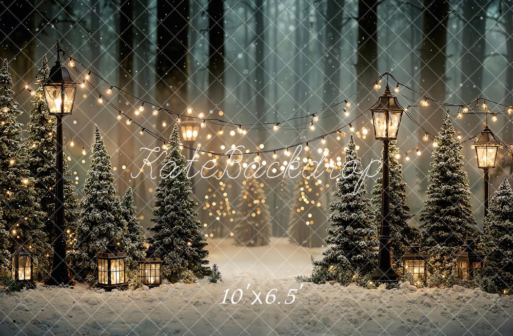 Kate Christmas Snow Forest Lanterns Lights Fleece Backdrop Designed by Emetselch