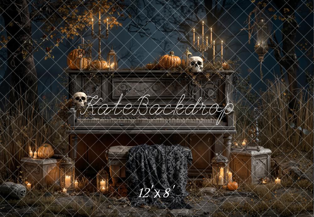 Kate Halloween Piano Pumpkins Candles Forest Fleece Backdrop Designed by Emetselch
