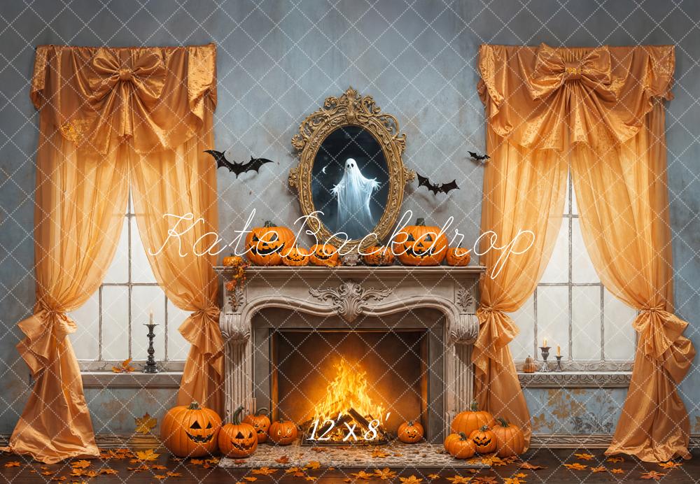 Kate Halloween Fireplace Ghost Pumpkins Bats Fleece Backdrop Designed by Emetselch -UK
