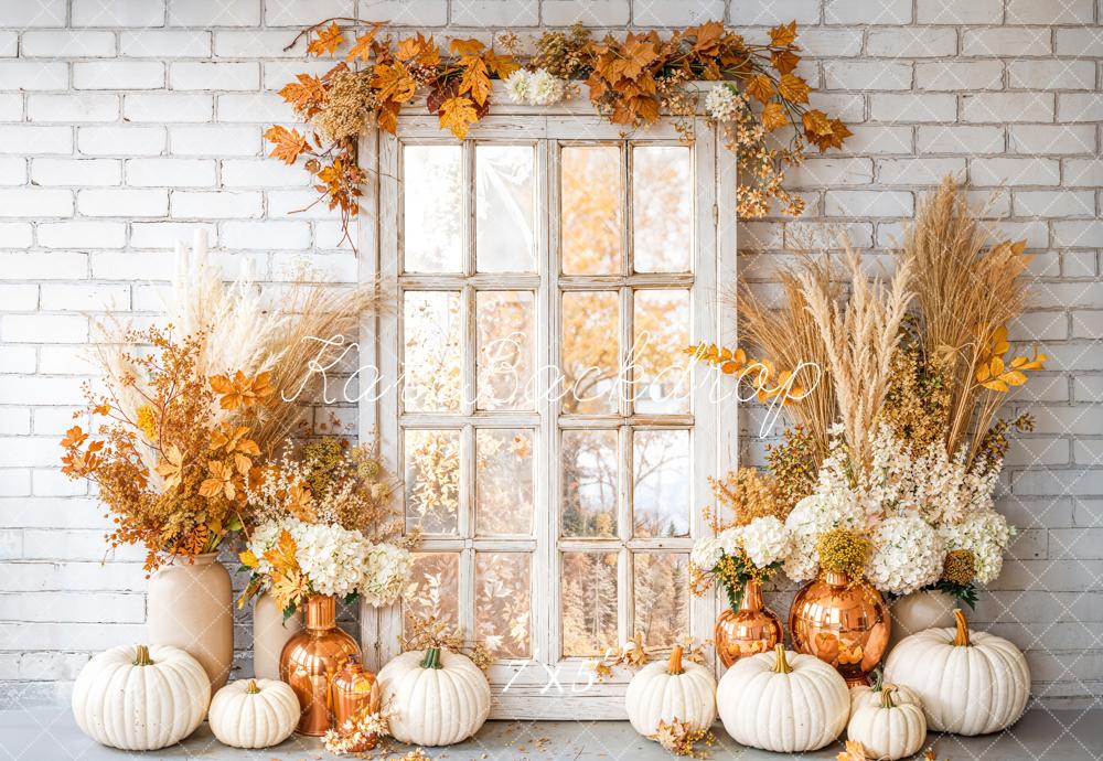 Kate Autumn Pumpkins Floral Window Brick Backdrop Designed by Emetselch