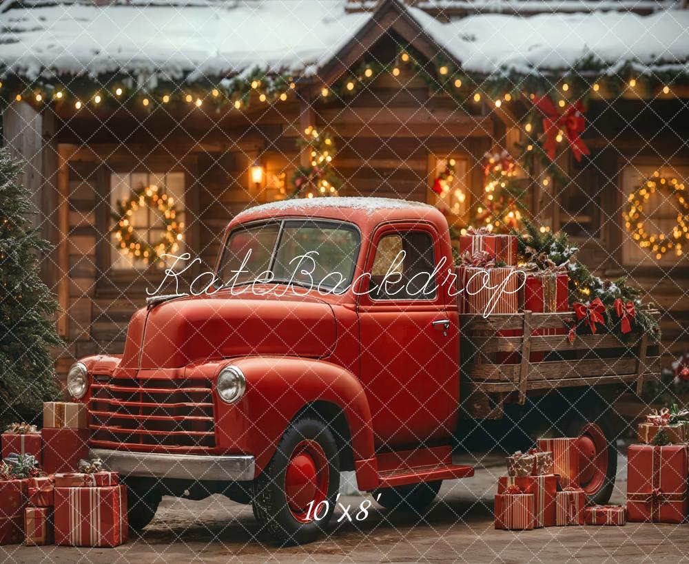 Kate Christmas Red Truck Cabin Fleece Backdrop Designed by Emetselch -UK