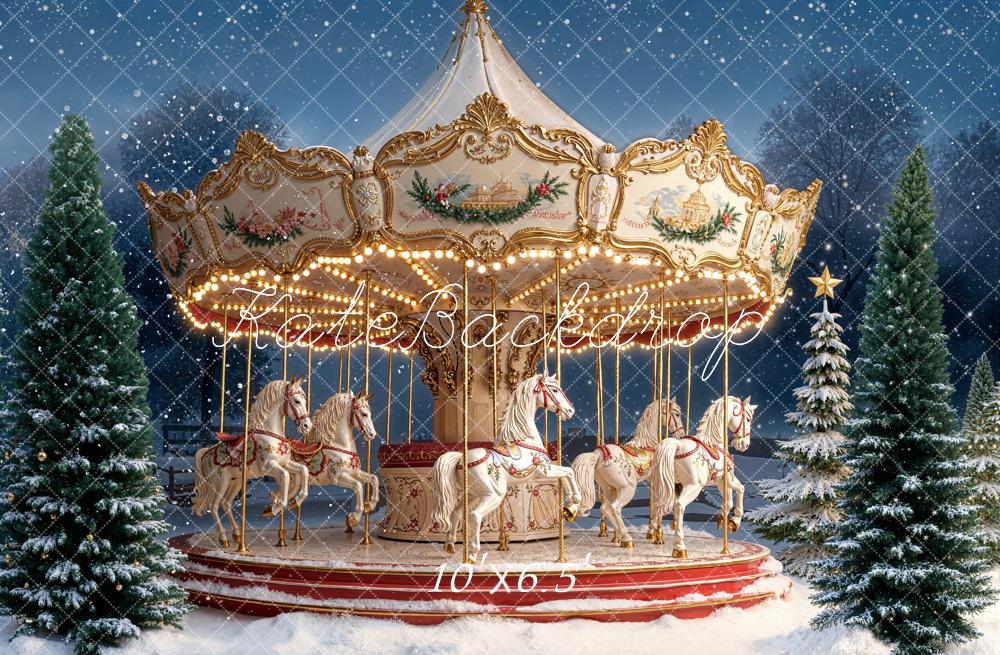Kate Carousel Christmas Snow Trees Fleece Backdrop Designed by Emetselch