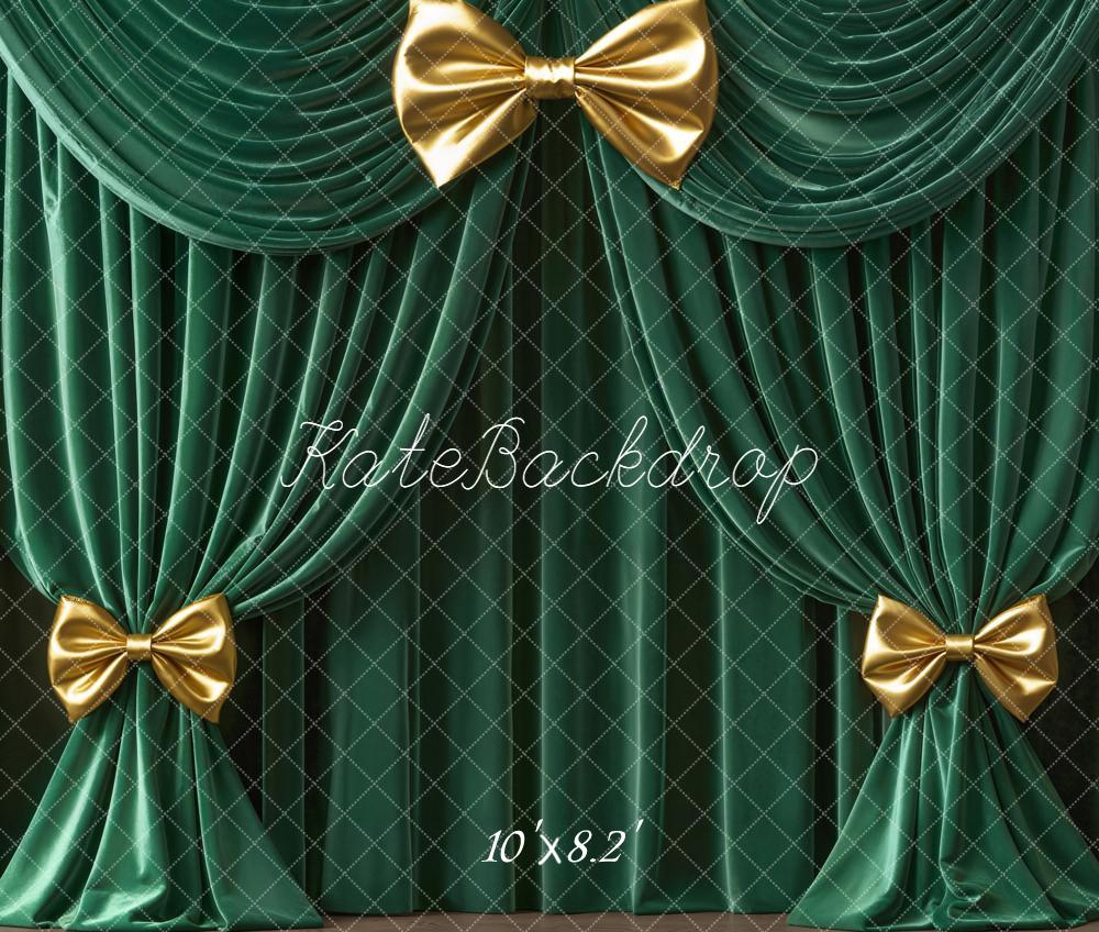 Kate Green Curtains Gold Bows Ornate Fleece Backdrop Designed by Emetselch -UK
