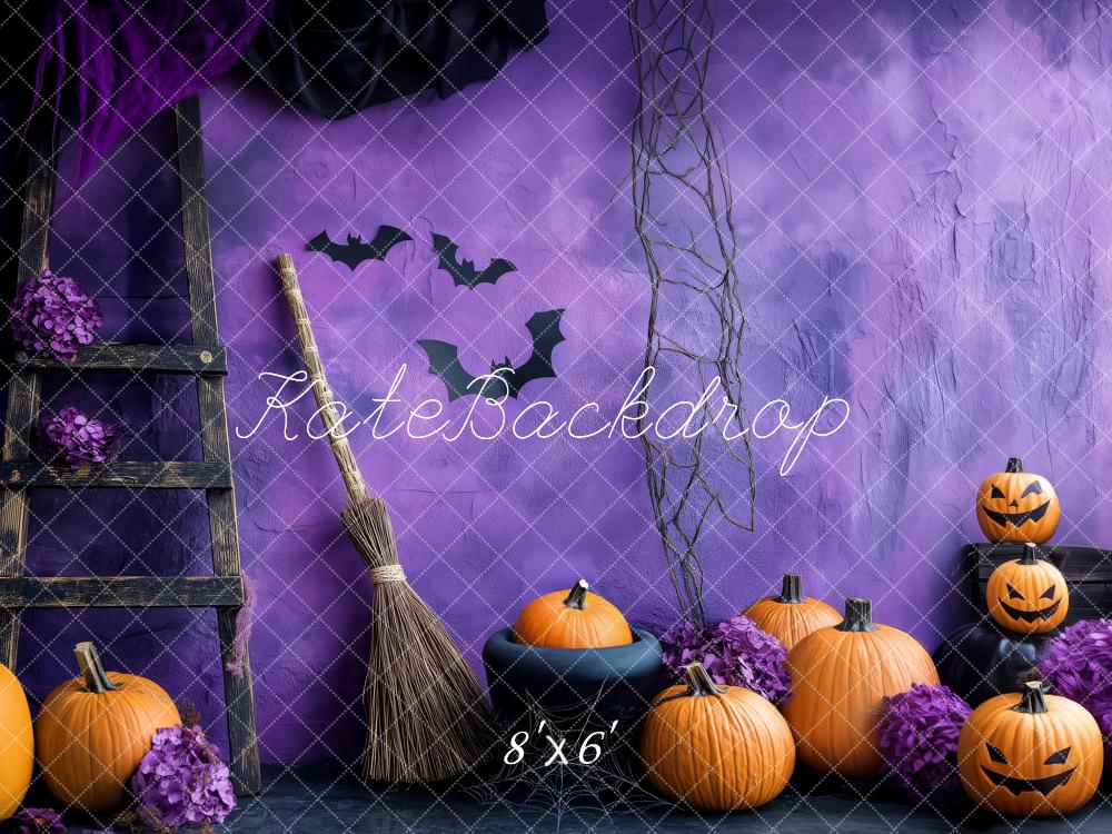 Kate Halloween Pumpkins Broom Ladder Purple Wall Backdrop Designed by Patty Robert -UK