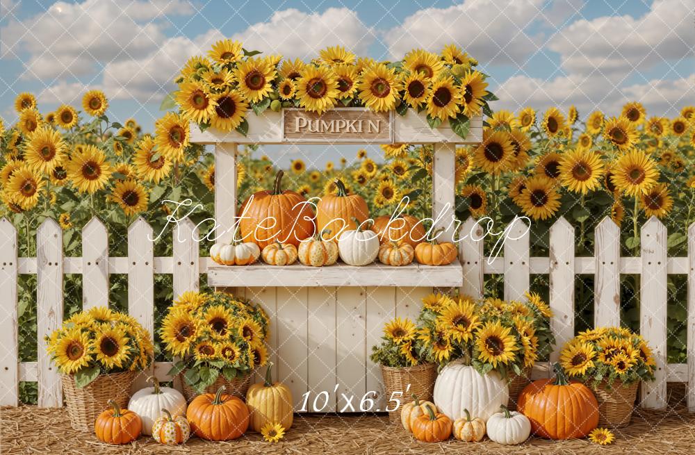 Kate Autumn Sunflowers Pumpkin Fence Fleece Backdrop Designed by Emetselch -UK