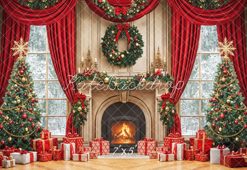 Kate Christmas Fireplace Tree Wreath Red Curtains Backdrop Designed by Emetselch