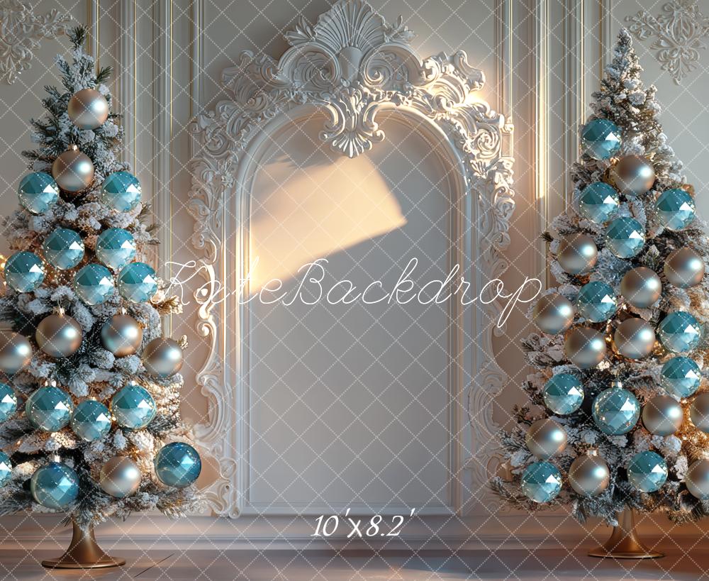 Kate Christmas Blue Baubles Trees Ornate Backdrop Designed by Mini MakeBelieve -UK