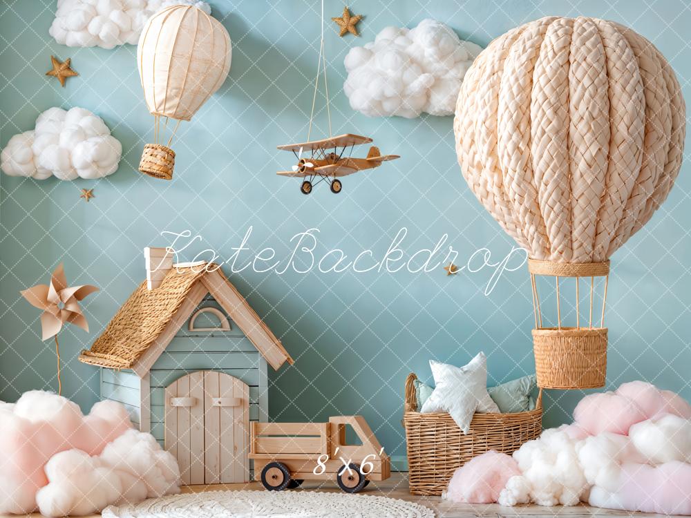 Kate Hot Air Balloon Aeroplane Clouds Fleece Backdrop Designed by Emetselch