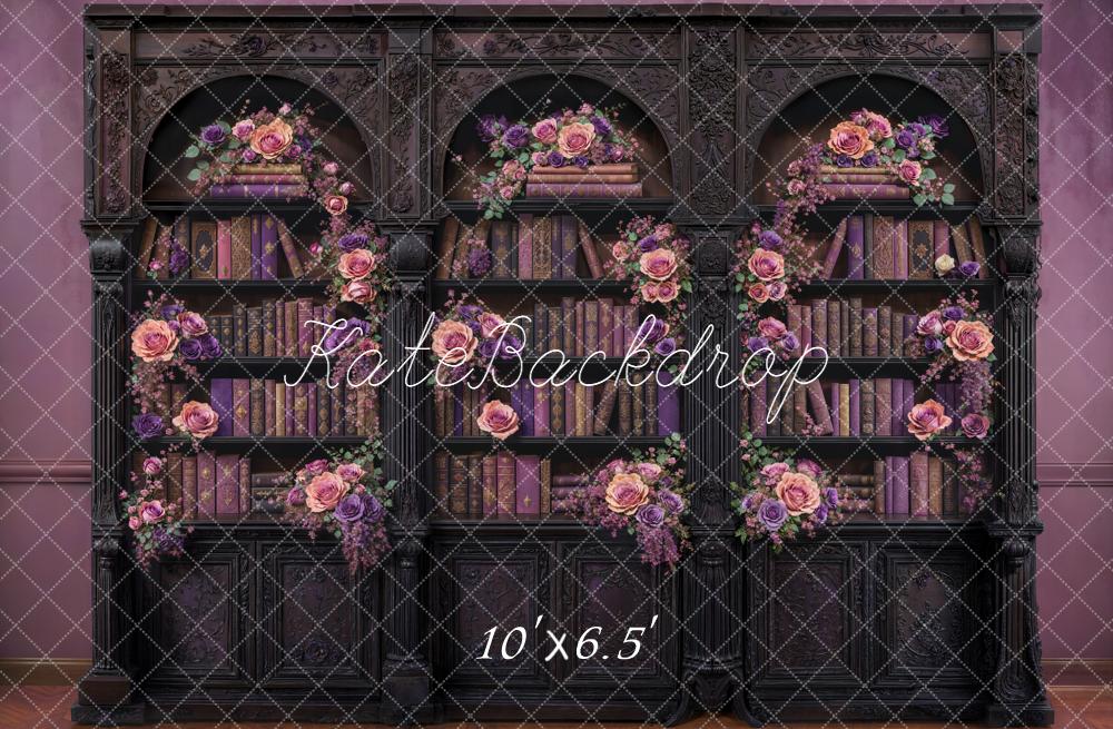 Kate Vintage Bookshelf Floral Purple Fleece Backdrop Designed by Emetselch