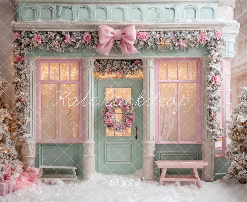 Kate Christmas Pink Bow Garland Shop Front Backdrop Designed by Ashley Paul -UK
