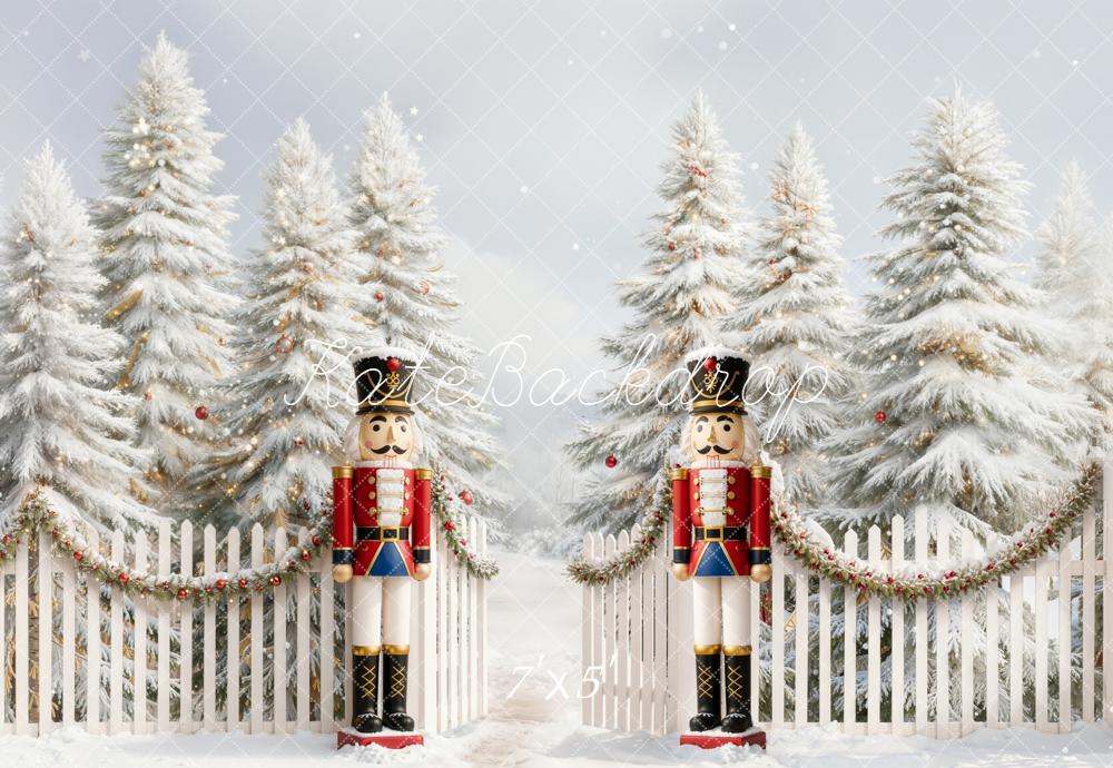 Kate Christmas Nutcracker Snowy Trees Fence Backdrop Designed by Emetselch