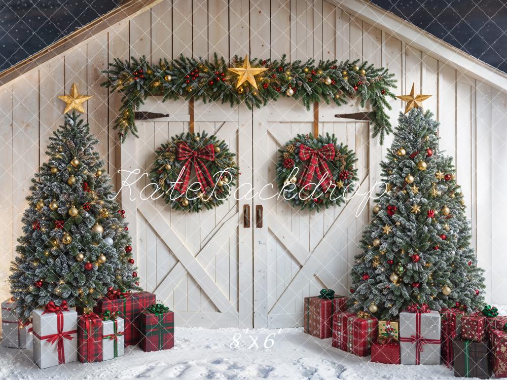 Kate White Christmas Trees Wreath Barn Door Fleece Backdrop Designed by Emetselch -UK