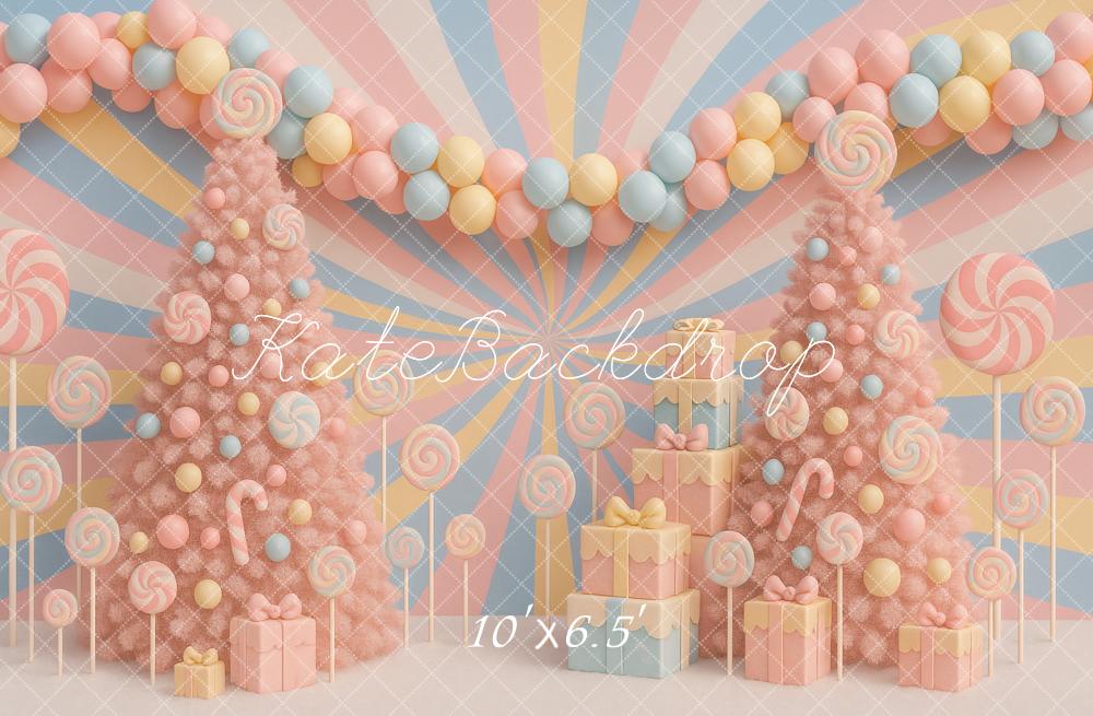 Kate Christmas Pastel Candy Trees Presents Backdrop Designed by Ashley Paul -UK