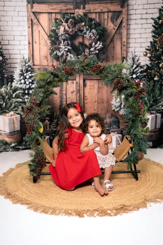 Kate Christmas Trees Brown Wooden Barn Door Backdrop Designed by Emetselch -UK