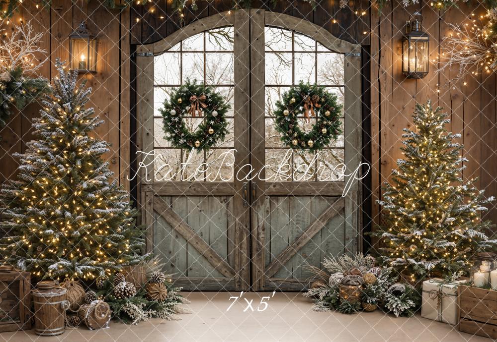 Kate Christmas Rustic Door Wreaths Trees Backdrop Designed by Emetselch -UK