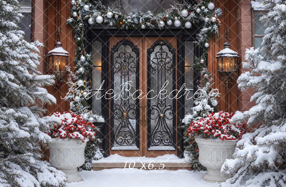 Kate Christmas Snowy Door Garland Lanterns Fleece Backdrop Designed by Emetselch -UK