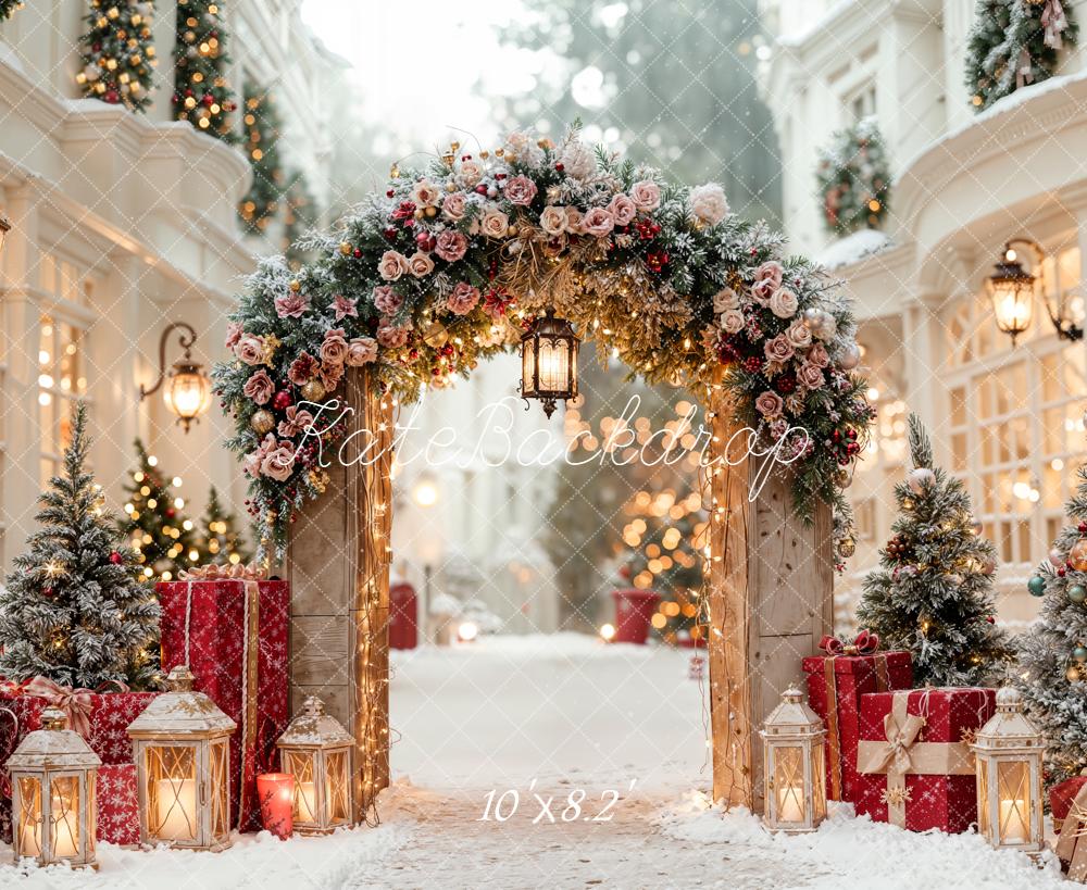 Kate Christmas Arch Door Snowy Street Backdrop Designed by Emetselch -UK