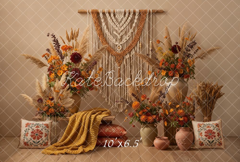 Kate Autumn Boho Macrame Earth Tones Fleece Backdrop Designed by Emetselch -UK