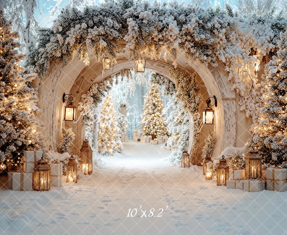 Kate Winter Arch Snow Covered Christmas Trees Lanterns Backdrop Designed by Emetselch -UK