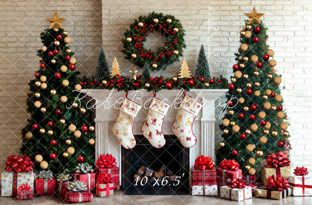 Kate Christmas Fireplace Stockings Trees Backdrop Designed by Mini MakeBelieve -UK