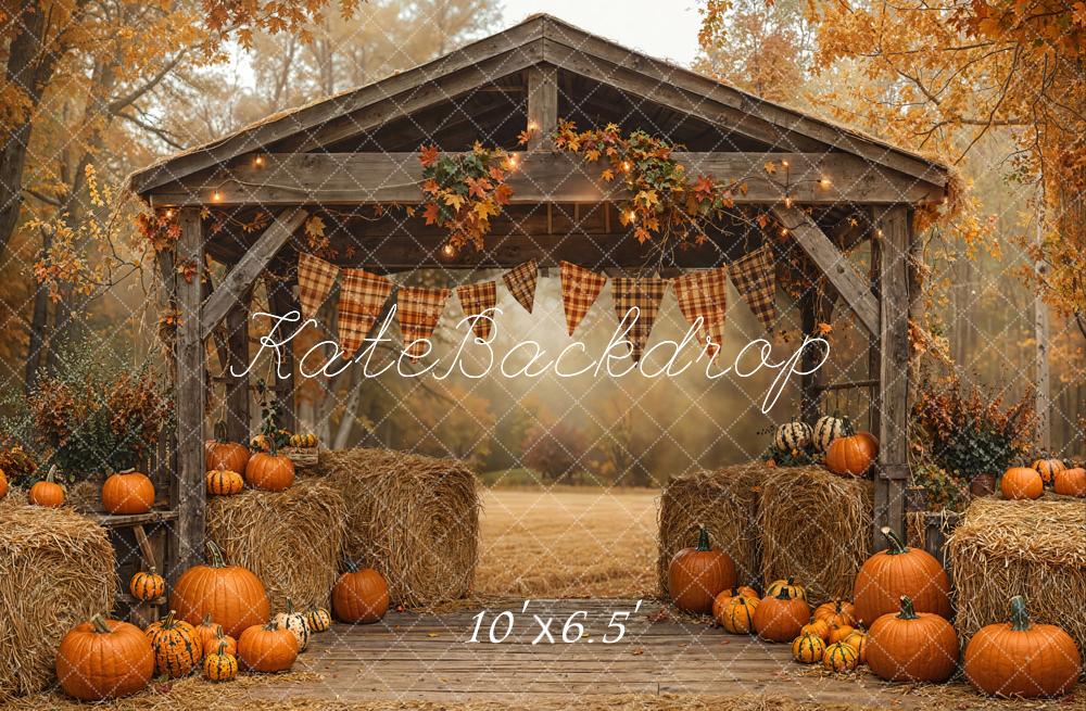 Kate Autumn Pumpkin Hay Bales Barn Fleece Backdrop Designed by Emetselch -UK