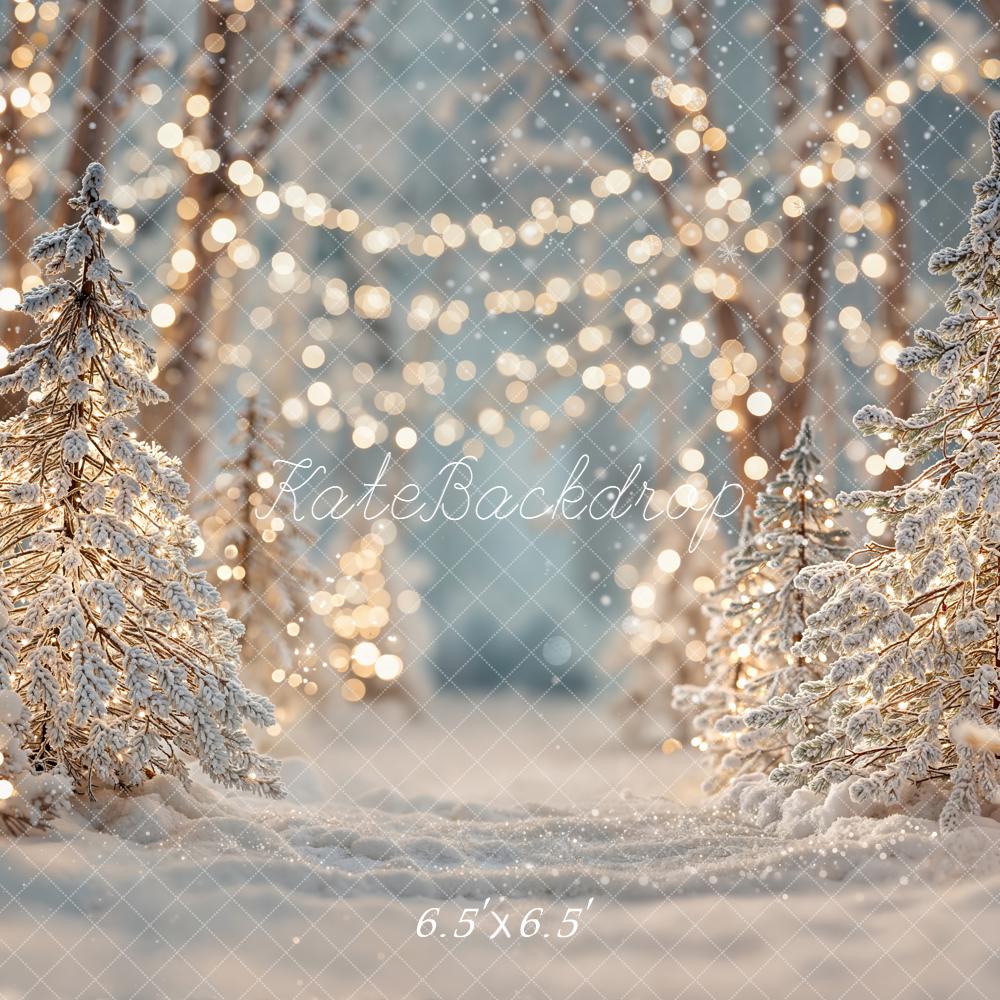 Kate Winter Snow Trees Fairy Lights Backdrop Designed by Emetselch