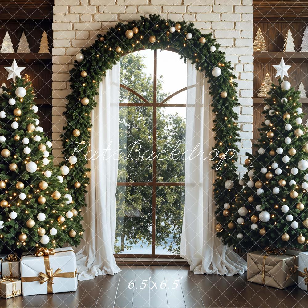 Kate Christmas Trees Garland White Brick Backdrop Designed by Mini MakeBelieve