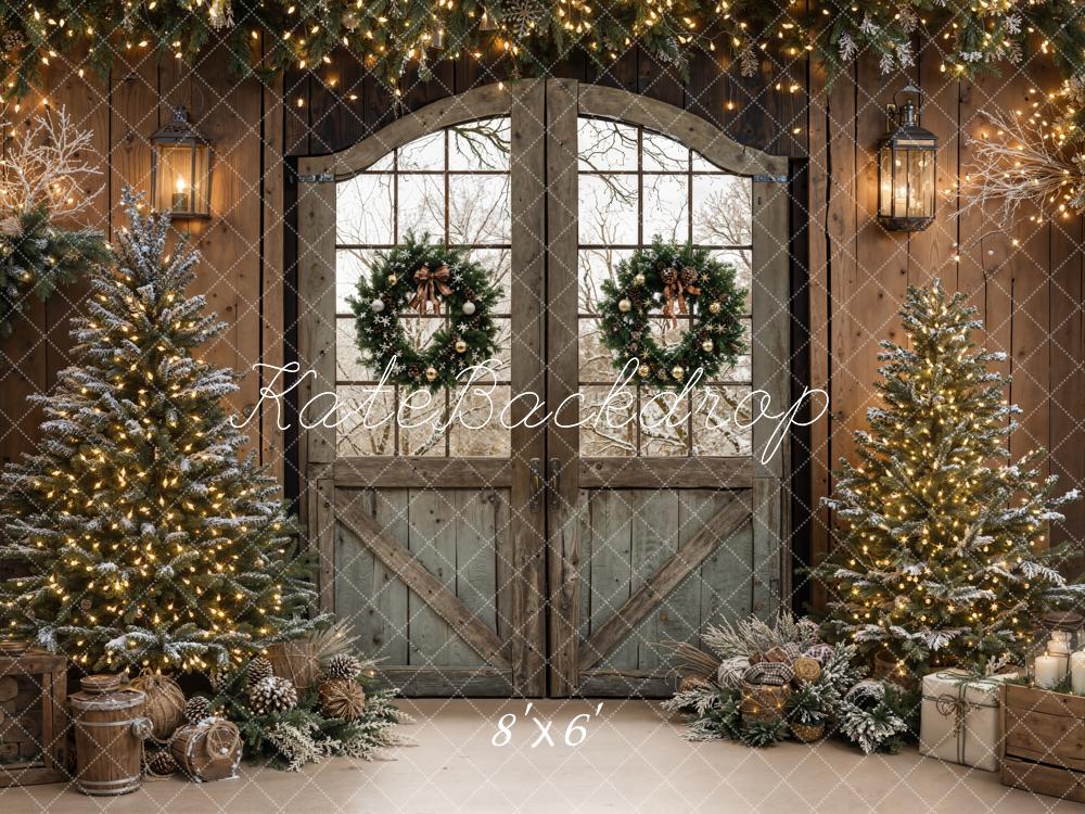 Kate Christmas Barn Door Wreath Trees Fleece Backdrop Designed by Emetselch -UK