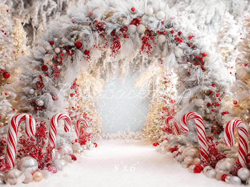 Kate Christmas Candy Cane Arch Snowy Trees Backdrop Designed by Patty Robert