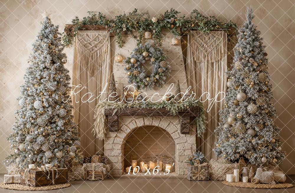 Kate Christmas Fireplace Trees Wreath Fleece Backdrop Designed by Emetselch