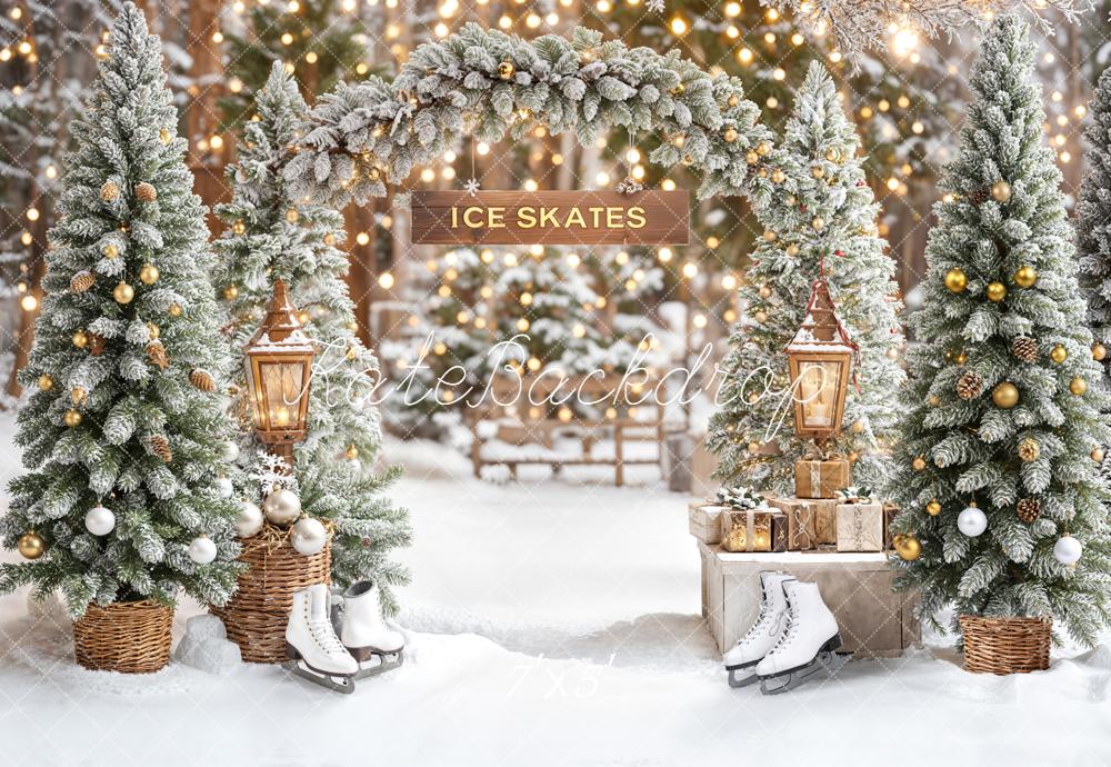 Kate Winter Ice Skates Snowy Trees Christmas Backdrop Designed by Emetselch -UK