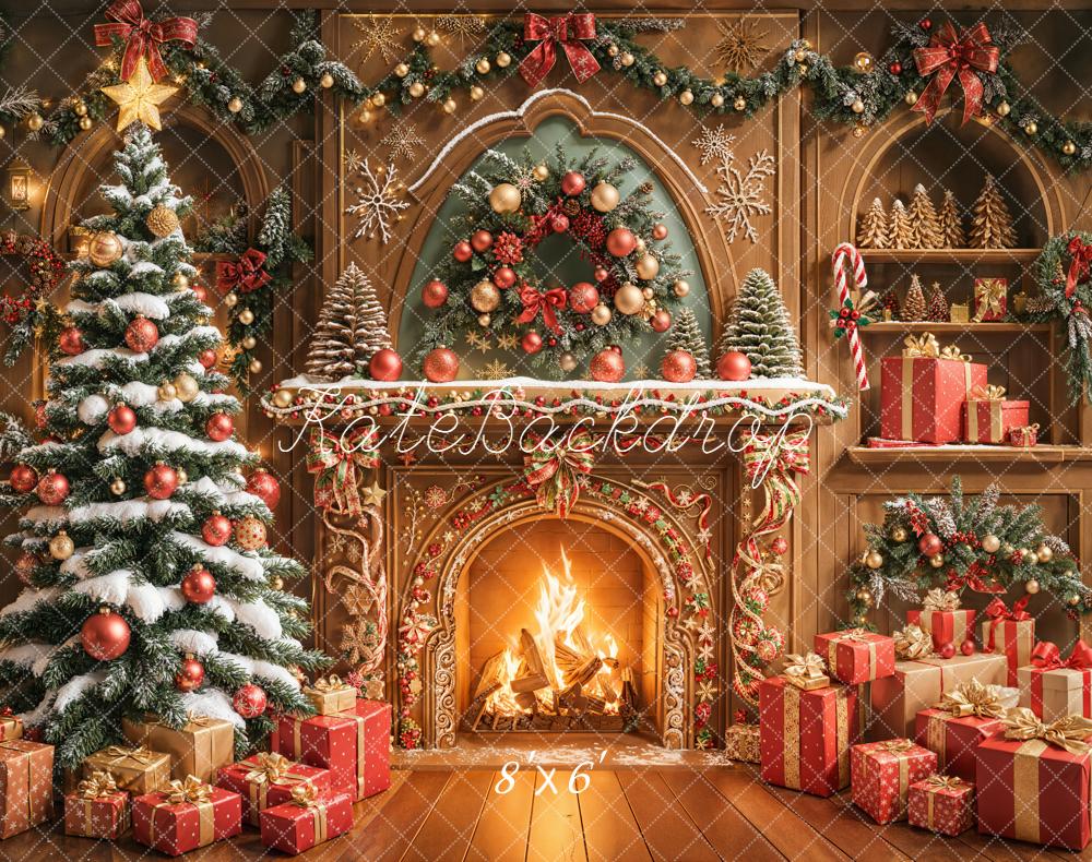 Kate Christmas Fireplace Tree Presents Garland Fleece Backdrop Designed by Emetselch -UK