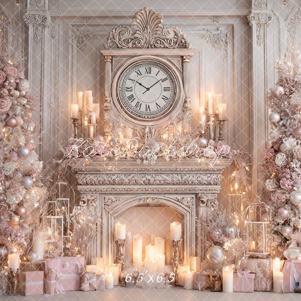 Kate Christmas Clock Fireplace Pink Trees Backdrop Designed by Ashley Paul