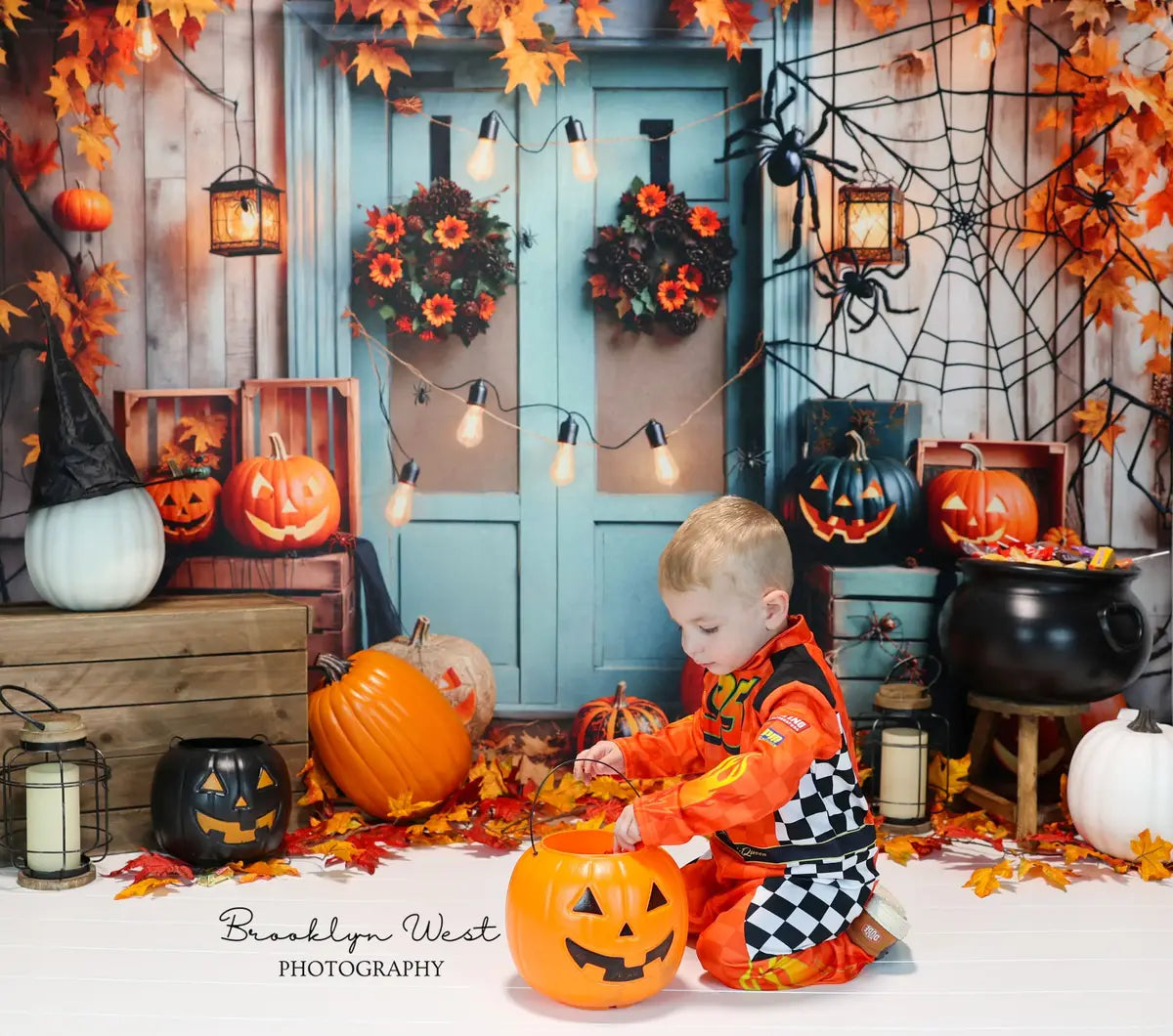Kate Halloween Pumpkin Maple Blue Door Backdrop Designed by Emetselch