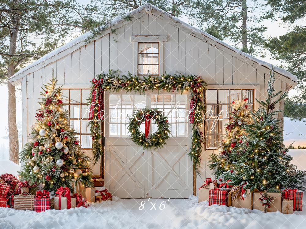 Kate Christmas Snow Cottage Trees Presents Backdrop Designed by Emetselch -UK