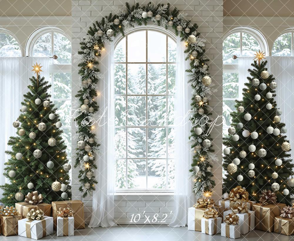 Kate Christmas Trees Arched Window Presents Backdrop Designed by Mini MakeBelieve -UK
