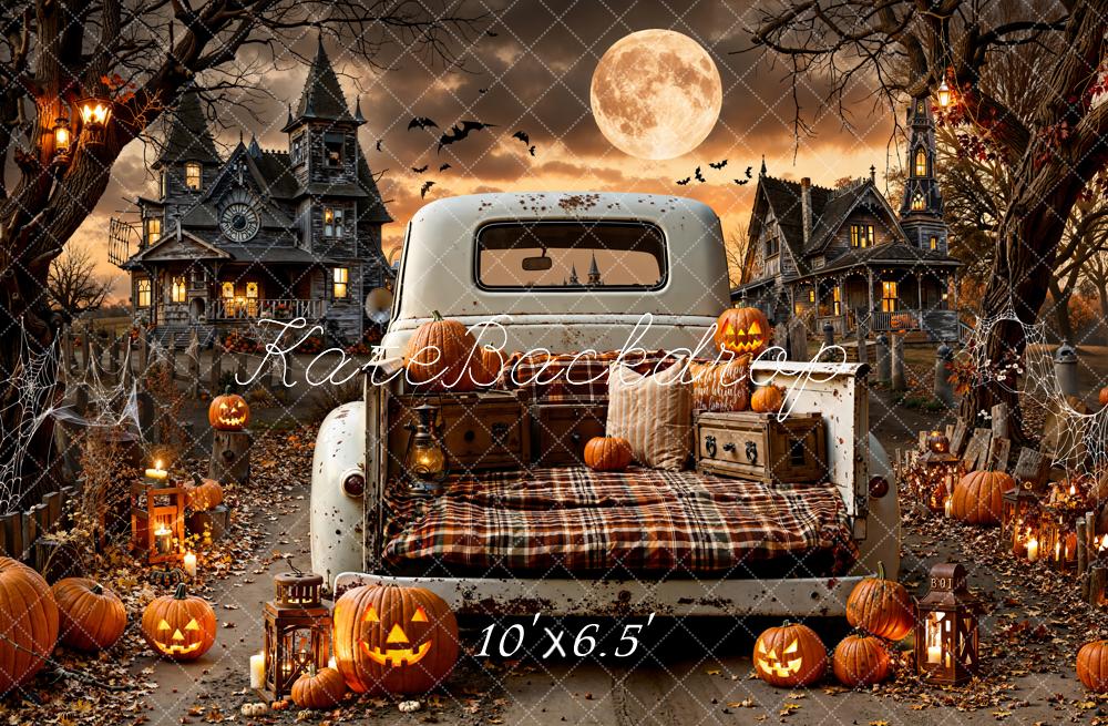 Kate Halloween Truck Haunted House Pumpkins Fleece Backdrop Designed by Emetselch -UK