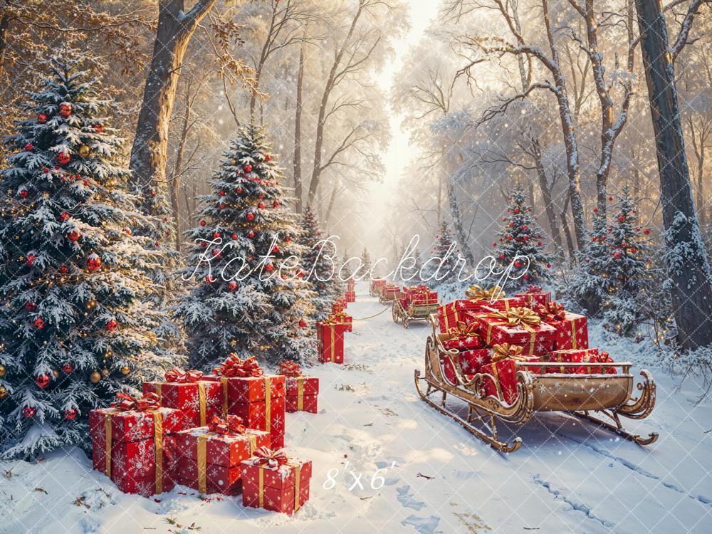 Kate Christmas Forest Sleigh Presents Fleece Backdrop Designed by Emetselch