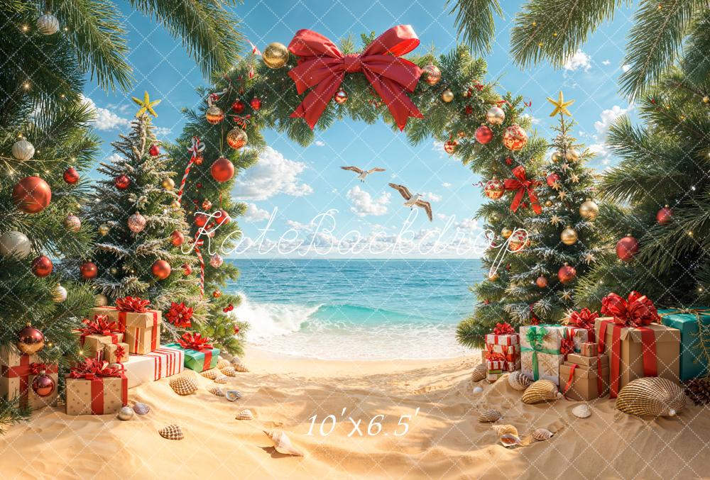Kate Christmas Beach Trees Presents Fleece Backdrop Designed by Emetselch