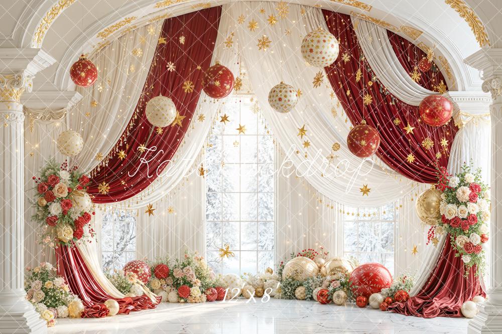 Kate Christmas Red Curtains Gold Ornaments Fleece Backdrop Designed by Emetselch -UK