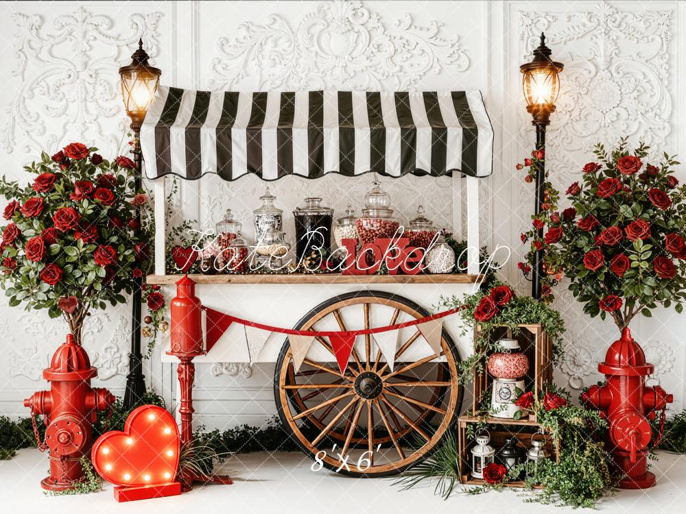 Kate Valentine Candy Cart Fire Hydrant Roses Fleece Backdrop Designed by Emetselch -UK