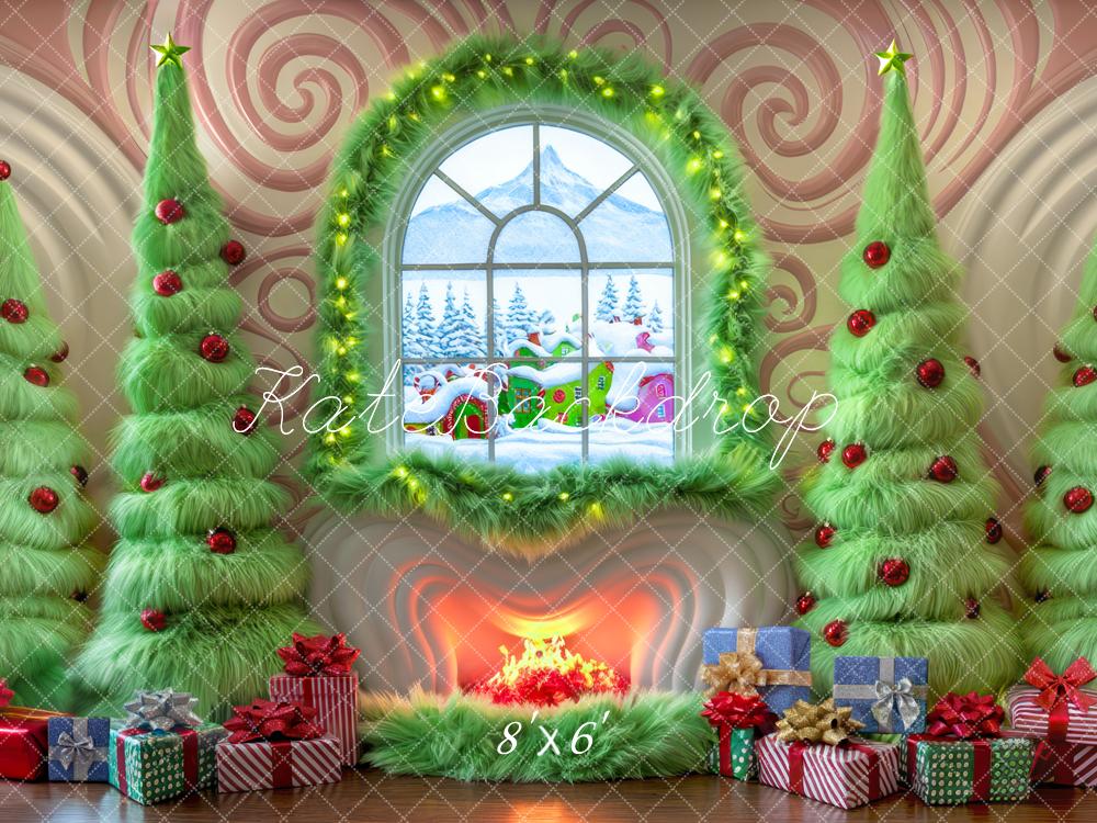 Kate Christmas Green Trees Fireplace Window Backdrop Designed by Mini MakeBelieve