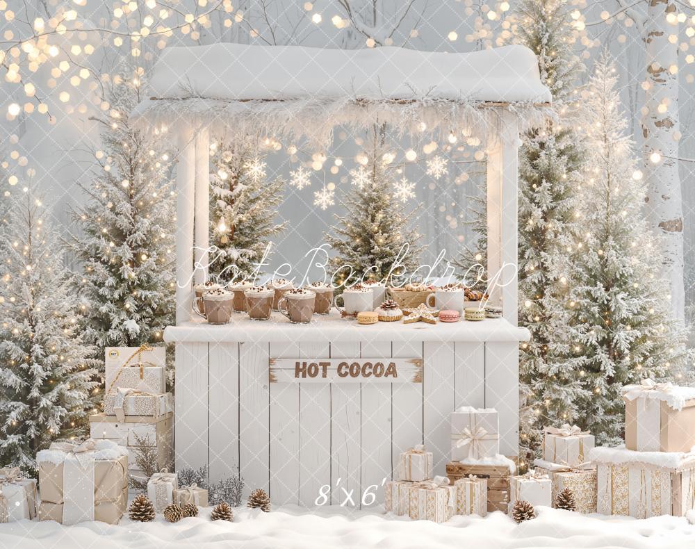 Kate Christmas Hot Cocoa Stand Snowy Trees Fleece Backdrop Designed by Emetselch