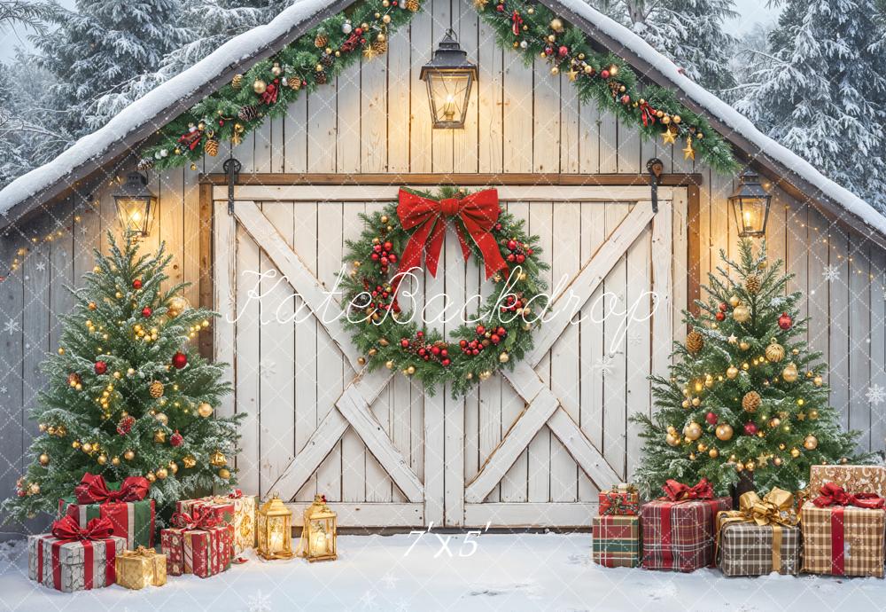 Kate Christmas Barn Door Garland Trees Presents Backdrop Designed by Emetselch -UK