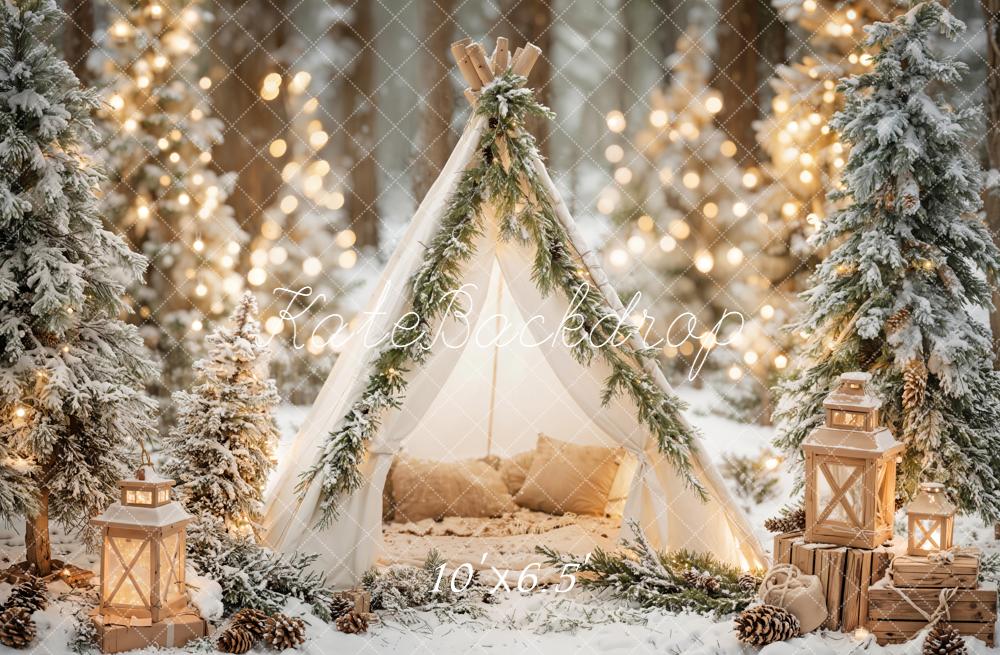 Kate Winter Tent Snowy Trees Lanterns Fleece Backdrop Designed by Emetselch