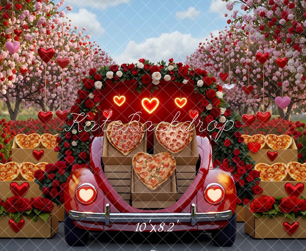 Kate Valentine Heart Pizza Car Blossom Backdrop Designed by Mini MakeBelieve -UK