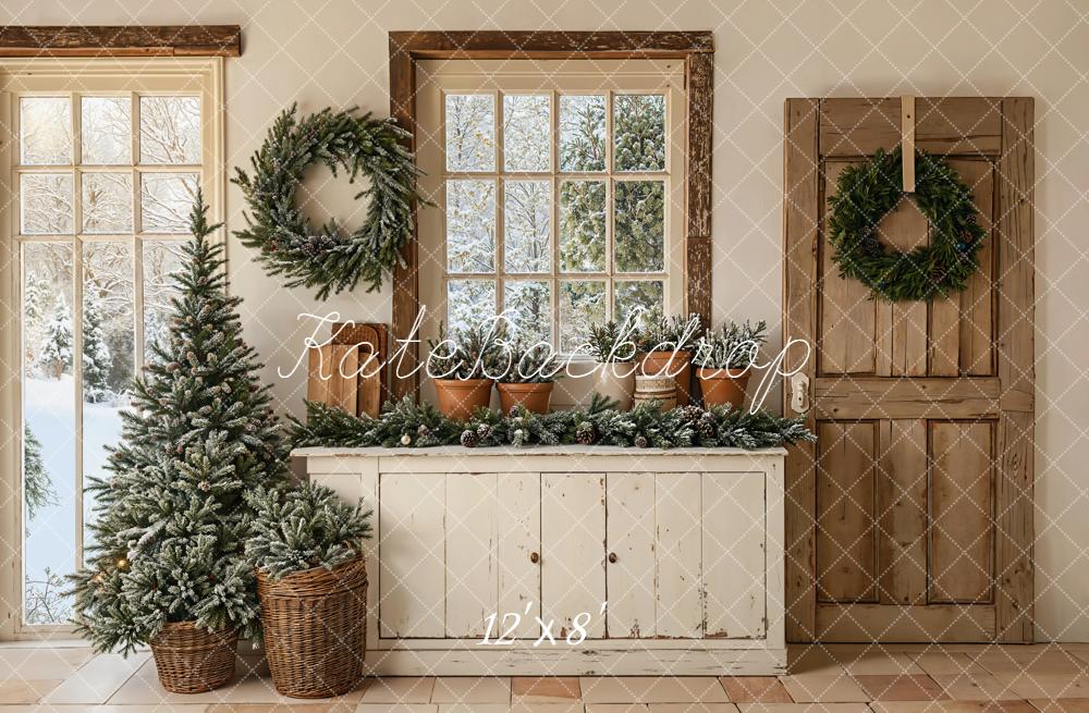 Kate Christmas Wreaths Tree Rustic Windows Backdrop Designed by Emetselch