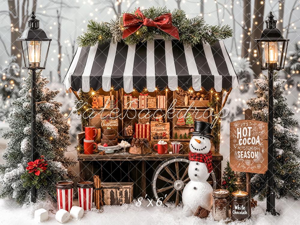 Kate Christmas Hot Cocoa Stand Snowy Trees Fleece Backdrop Designed by Emetselch -UK