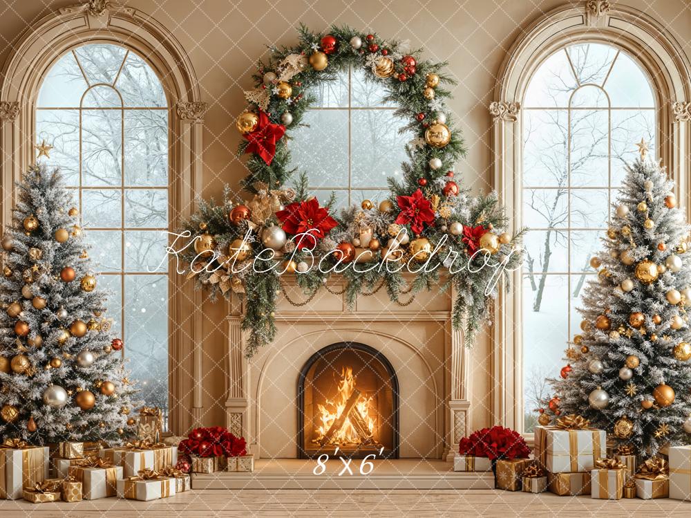 Kate Christmas Fireplace Garland Trees Fleece Backdrop Designed by Emetselch